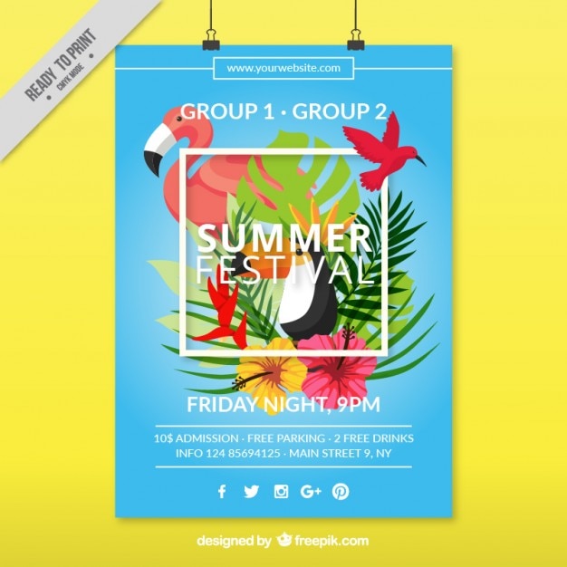 Summer festival poster with tropical birds and palm leaves