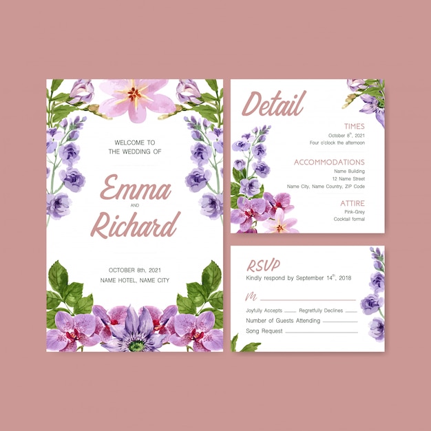 無料ベクター 結婚式カードテンプレート水彩画の夏の花のコンセプトデザイン
