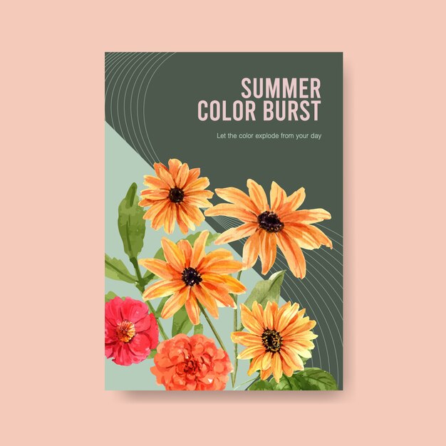 여름 꽃 포스터 템플릿 디자인 수채화