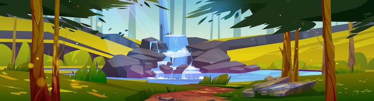 Free Vector summer forest landscape with cascade waterfall