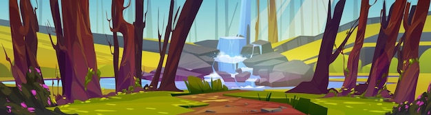 Бесплатное векторное изображение Сцена летнего леса с каскадным водопадом