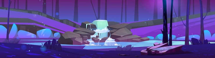 Free Vector summer forest with cascade waterfall at night