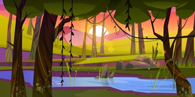 Free vector summer forest with river and mountains at sunset