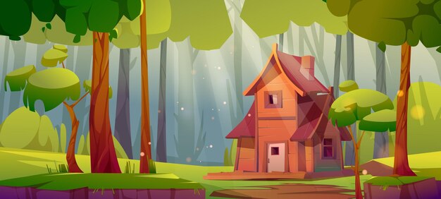 Summer forest with wooden house green trees and grass Vector cartoon illustration of summer woods landscape with forester cottage bushes and path on glade