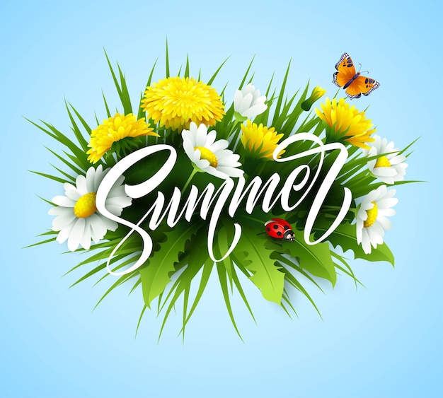 Summer handwriting lettering with summer flower.