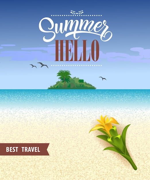 夏のこんにちは、海、ビーチ、熱帯の島、黄色い花が付いた最高の旅行フライヤー。