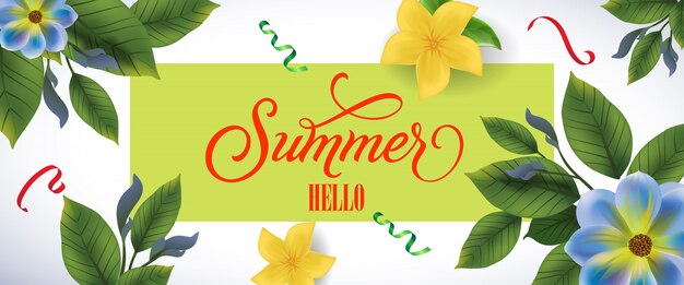 Summer hello lettering in green frame blue and yellow flowers and confetti