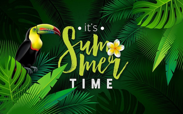 Summer Holiday Design with Toucan Bird and Tropical Flower on Dark Green Background