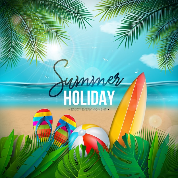 Summer Holiday Illustration with Beach Ball and Ocean Landscape