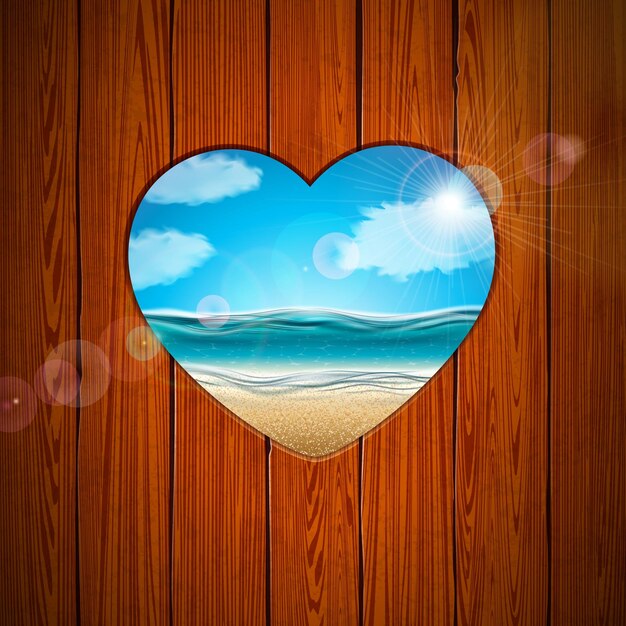 Иллюстрация летних каникул с пляжным пейзажем в форме сердца на деревянной доске и голубым облачным небом