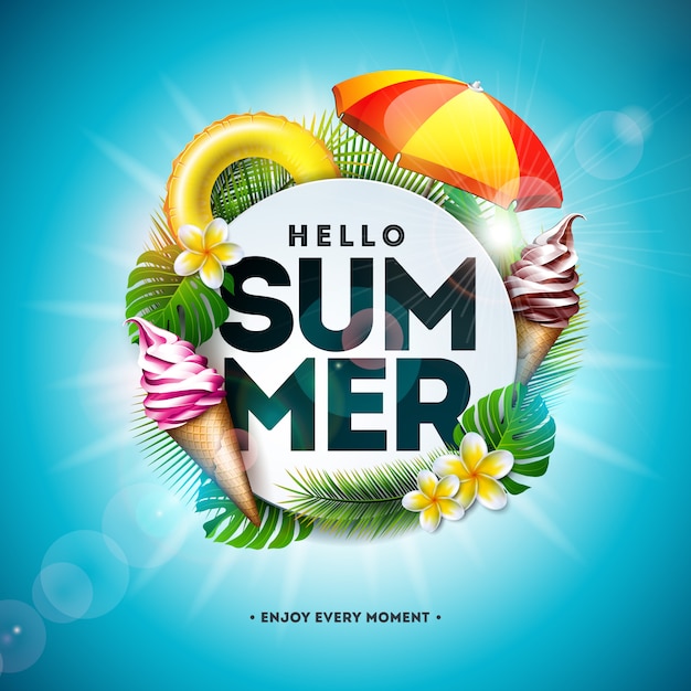 Free vector summer holiday illustration with flower and tropical palm leaves