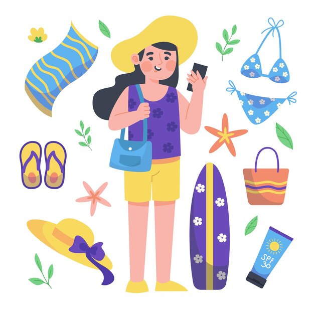 Summer holiday traveling and tourism Character and element Colorful touristic objects woman hat blanket shoulder bag two piece bikini sombrero shoe sandal surfboard hat clothing sunscreen