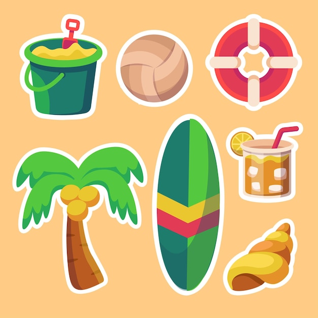 Free vector summer holiday traveling and tourism elements colorful touristic objects like sand buckets volleyballs cocktails coconut trees lifebuoys shellfish cartoon flat vector illustration