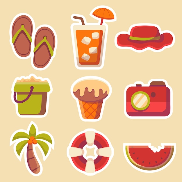 Summer holiday traveling and tourism elements colorful touristic objects like sandals cocktails sombrero sand bucket ice cream camera coconut tree lifebuoy watermelon cartoon flat vector illustration