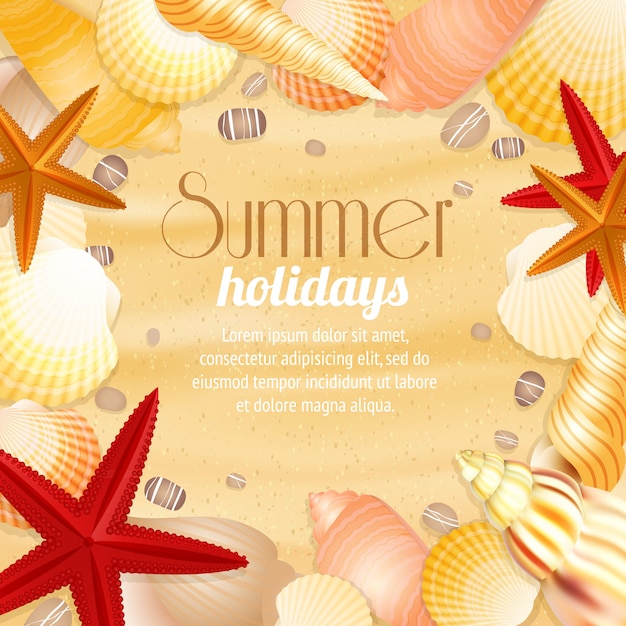 해변 모래 조개와 불가사리 여름 휴가 휴가 여행 배경 포스터