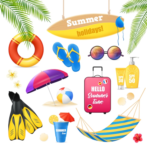 Летние каникулы тропический пляжный отдых аксессуары реалистичные изображения набор