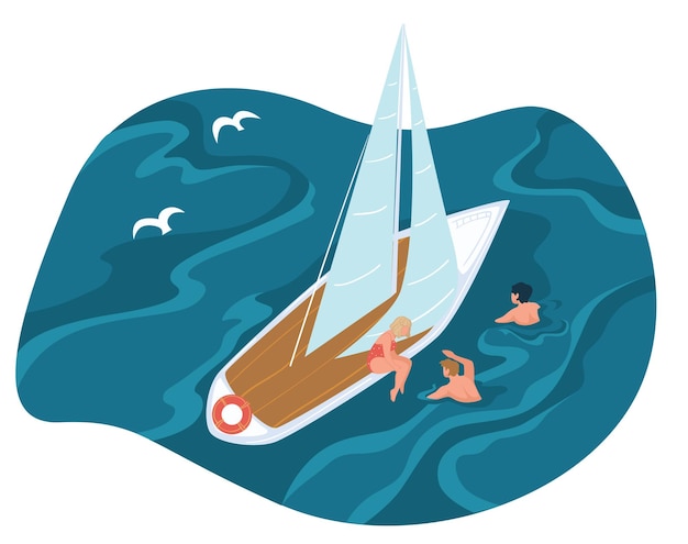 Summer holidays and vacation, marine trip of people enjoying swimming in sea or ocean water. rich wealthy character on private cruise, sailboat or small yacht. man and woman. vector in flat style