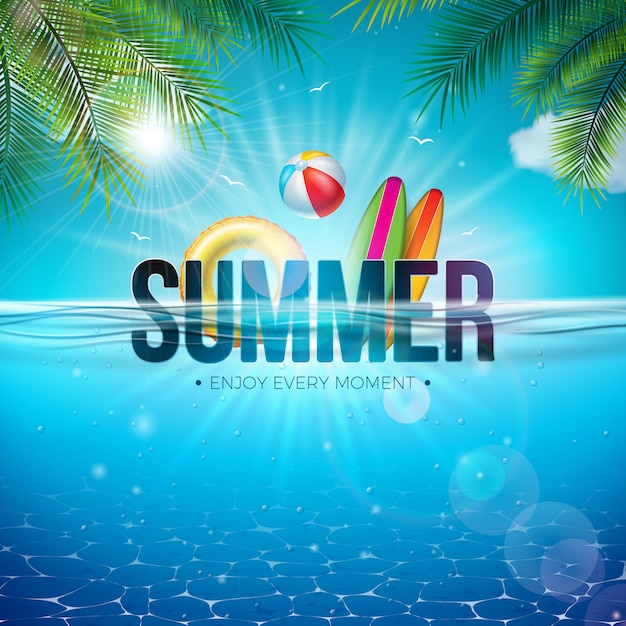 Summer Illustration with Beach Ball and Underwater Blue Ocean Landscape