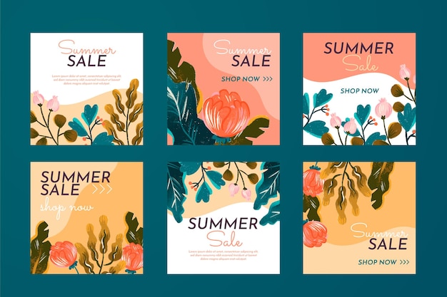 Summer instagram post collection with hand drawn flowers