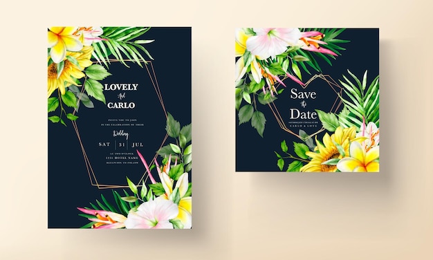 Summer invitation card with tropical flower and leaves