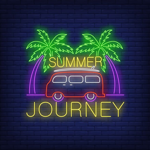 Summer Journey neon lettering, minivan and palm trees