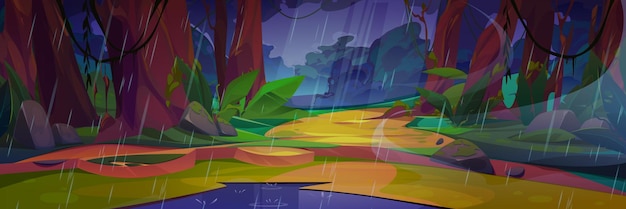 Summer jungle rainy forest landscape with puddle