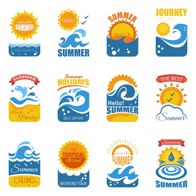 Free vector summer label set with wave and sun