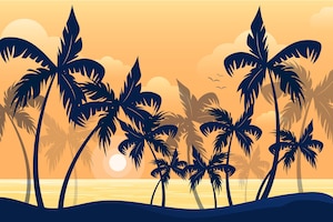 Summer landscape background for zoom with palm tree silhouettes