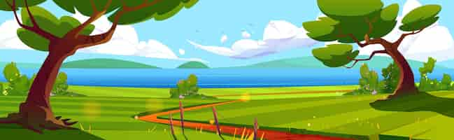 Free vector summer landscape blue lake and green field vector