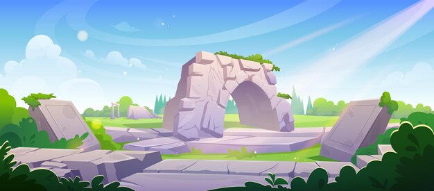 summer landscape with ancient greek building ruins