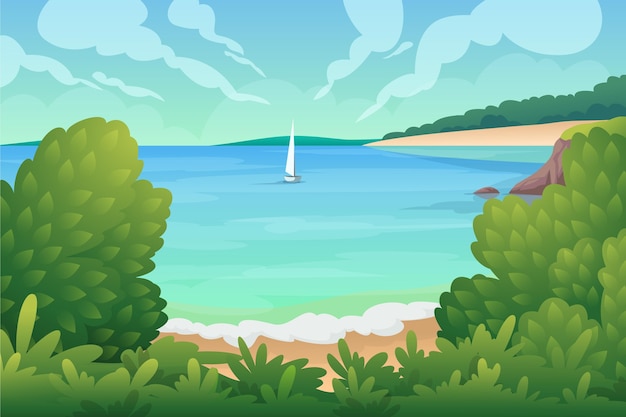 Free vector summer landscape with boat on sea