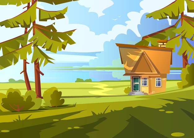 Free vector summer landscape with brick house on lake shore