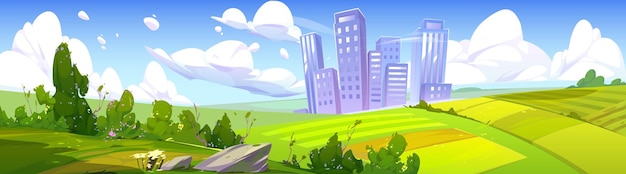 Free vector summer landscape with fields and city buildings