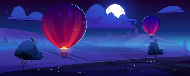 Summer landscape with flying hot air balloons, fields, trees and river at night. Vector cartoon illustration of countryside with moon in sky and colorful airships with baskets fly over meadows