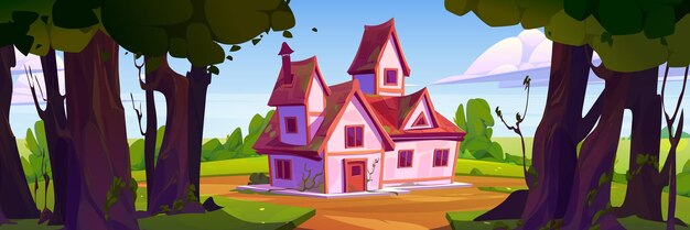 summer landscape with forest and village house