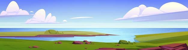 Бесплатное векторное изображение Летний пейзаж с озерными полями и скалами