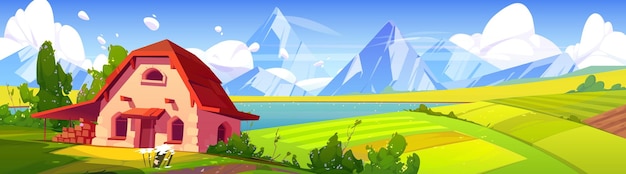 Free vector summer landscape with lake fields and mountains