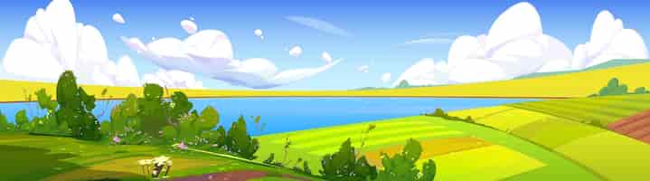 Free vector summer landscape with lake and green farm fields
