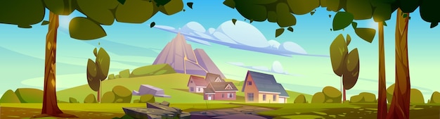 Free vector summer landscape with mountain village houses