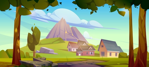 Free vector summer landscape with mountain village houses