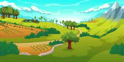 Бесплатное векторное изображение Летний пейзаж с горами, зелеными лугами, полями и садом