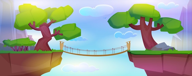 Free vector summer landscape with mountains and log bridge above precipice between cliffs