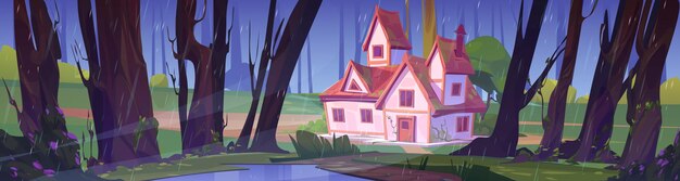 summer landscape with rainy forest village house