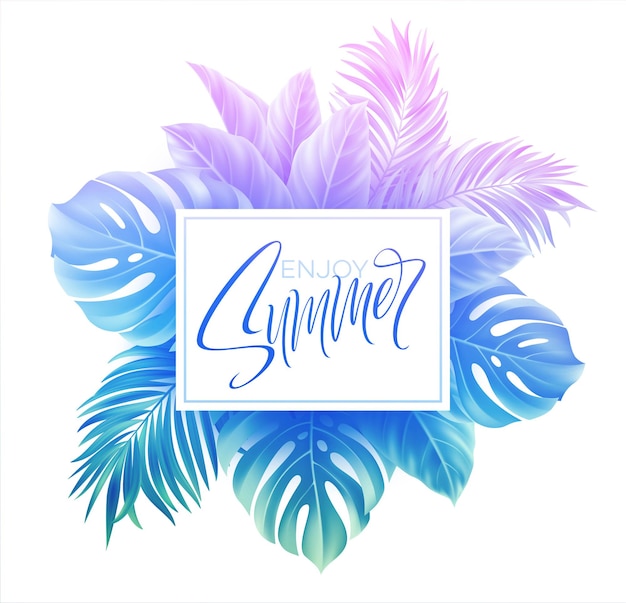 Summer lettering design in a colorful blue and purple palm tree leaves background.