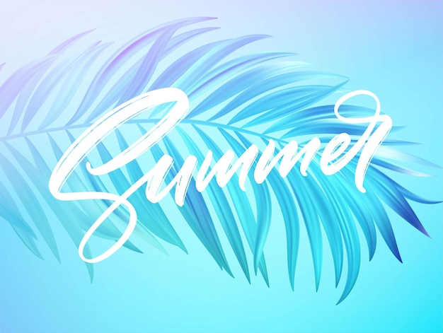 Summer lettering design in a colorful blue and purple palm tree leaves background