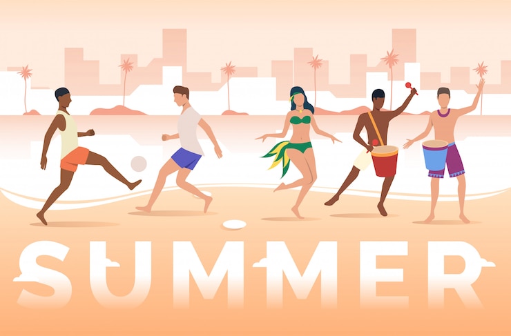 Free Vector summer lettering, people playing with ball and dancing on beach