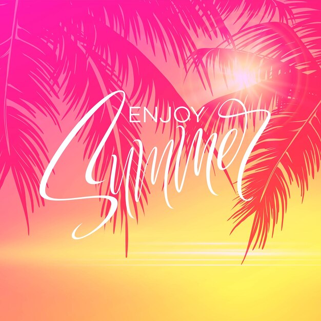 Summer lettering poster with palm trees background in pink colors