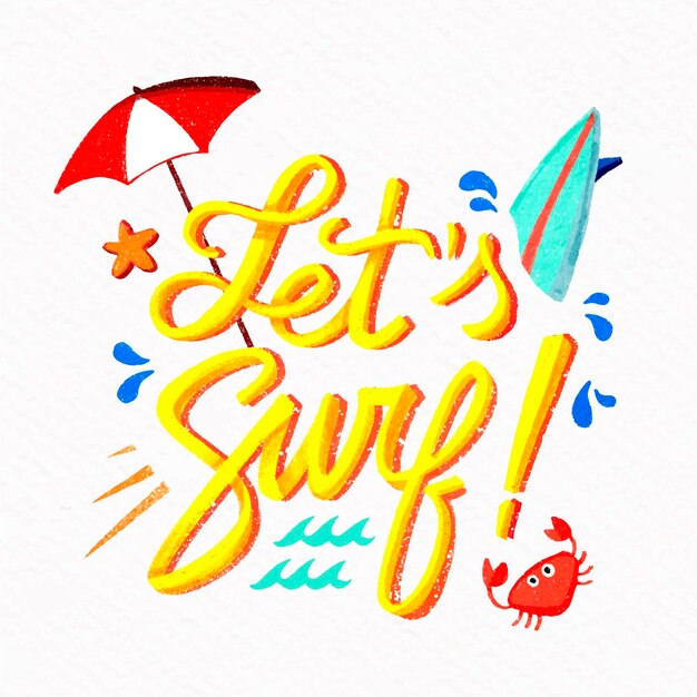 Summer lettering with umbrella and surfboard