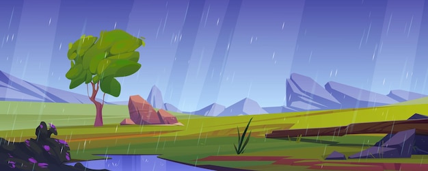 Free vector summer meadow in mountain valley in rain