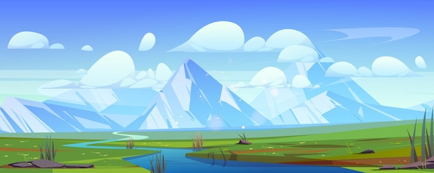 Summer mountain valley landscape with river Vector cartoon illustration of green grass white clouds in blue sunny sky peaks with snow water stream flowing from rocky range